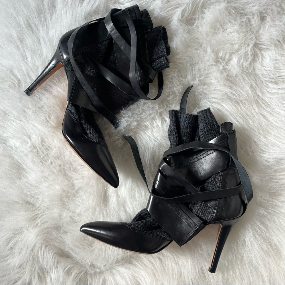 IRO Knit Sock Leather Strappy Edgy Grunge Black Stiletto Pointed Toe Heels